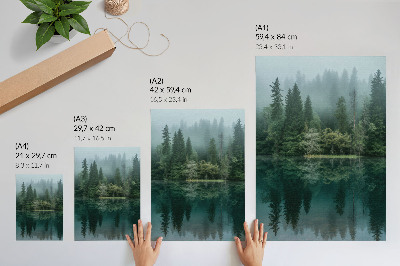 Hållbar väggposter Grön skogsdjup dimma reflektion i vattnet