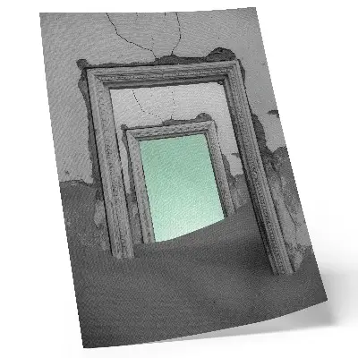 Poster surrealistiskt motiv av en grön öken vid en övergiven byggnad