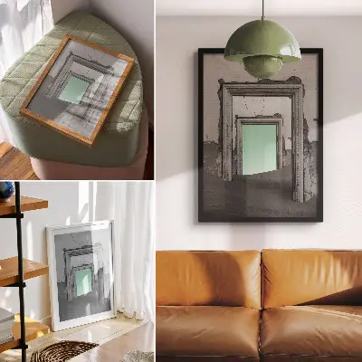 Poster surrealistiskt motiv av en grön öken vid en övergiven byggnad