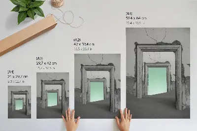 Poster surrealistiskt motiv av en grön öken vid en övergiven byggnad