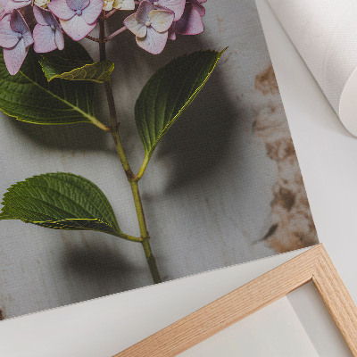 Dekorativ väggaffisch Rosa hortensia gröna blad rustik bakgrund
