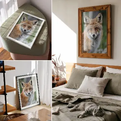 Poster rävporträtt med varma nyanser och grön bakgrund