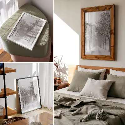 Poster symmetrisk allé av vinterträd i snö och dimma