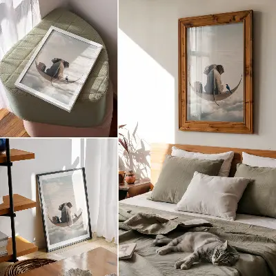 Hållbar väggposter med motiv av en elefant på en halvmåne bland böcker och moln