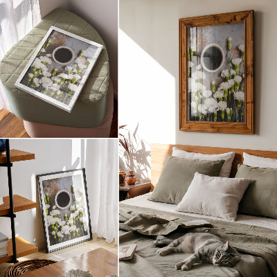 Affisch En kopp kaffe och vita nejlikblommor