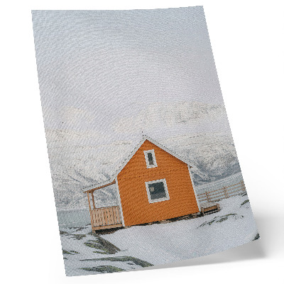 Dekorativ väggaffisch Orange hus snöiga berg minimalistisk ram