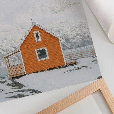 Dekorativ väggaffisch Orange hus snöiga berg minimalistisk ram