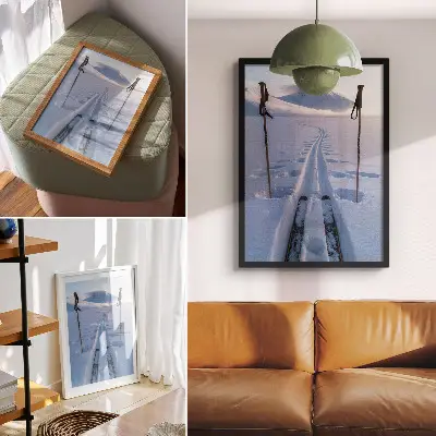 Poster vit snöig himmel med silhuett av berg
