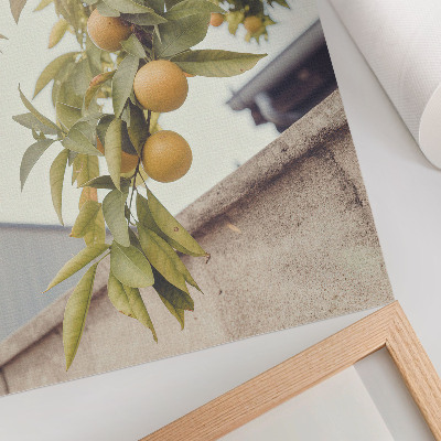 Dekorativ väggaffisch trädgren sol gröna blad orange