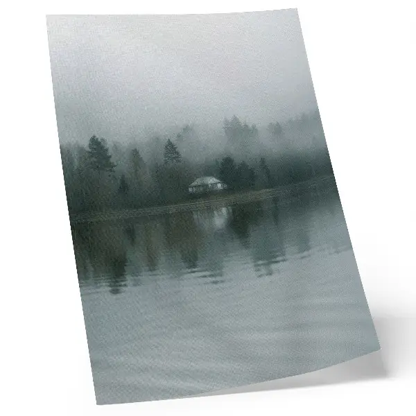 Poster dimma, träd, hus, reflektion och ett tyst landskap