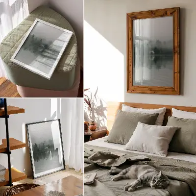 Poster dimma, träd, hus, reflektion och ett tyst landskap