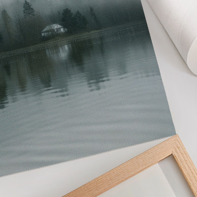 Poster Dimma, träd, hus, reflektion, tyst landskap
