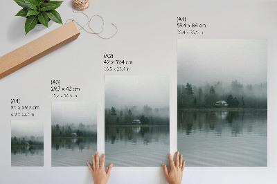 Poster Dimma, träd, hus, reflektion, tyst landskap