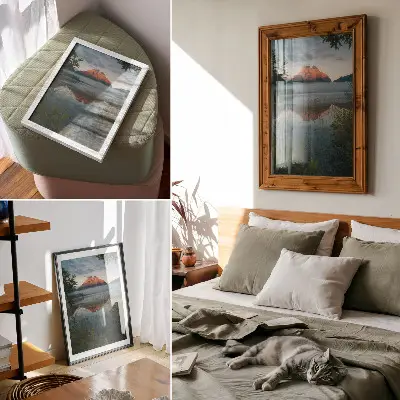 Hållbar väggposter berglandskap reflekterat i vattendimma