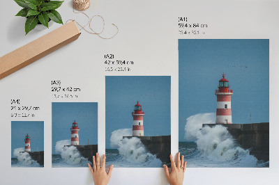 Poster Fyr, blå himmel, havsvågor