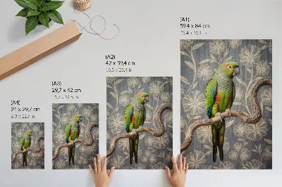 Hållbar väggposter papegoja på en gren med krämfärgade blommor mot en blå bakgrund