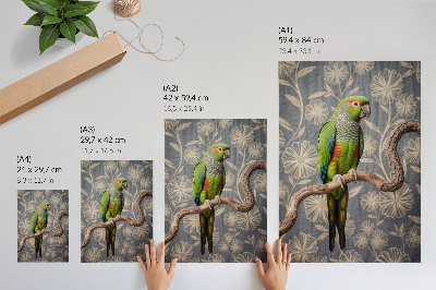 Hållbar väggposter Papegoja på en gren med krämfärgade blommor och blå bakgrund