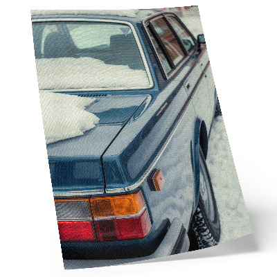 Affisch Retro bil i snö blå vit bakgrund