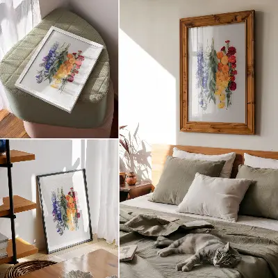 Poster blommor i en vertikal linje med livfulla färger och naturmotiv