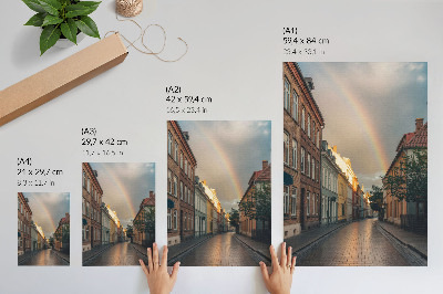 Poster Färgglada hyreshus, regnbåge, molnig himmel