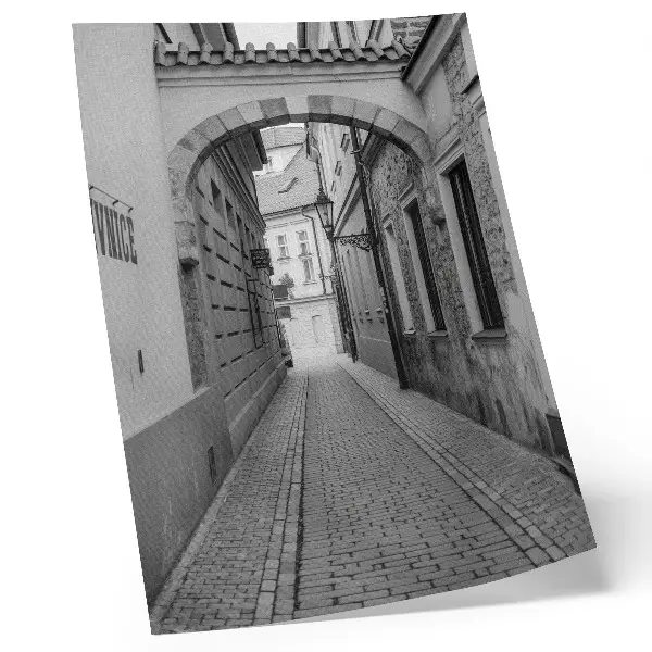 Väggaffisch med motiv av svartvit arkitektur på en nostalgisk gata
