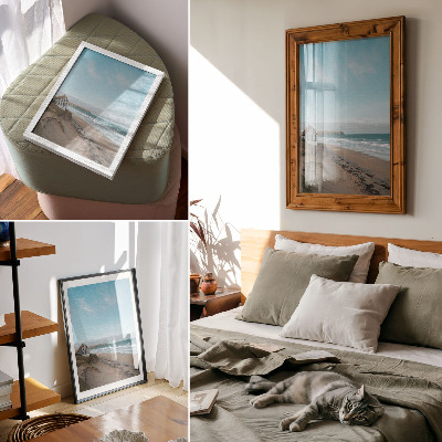 Poster Strand, vågor, hus på en klippa, pastellfärger