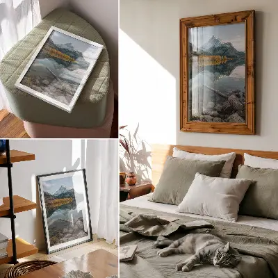 Affisch med motiv av berg, sjö, träd och reflektion i en fridfull naturmiljö