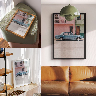 Poster Klassiska bilar i pastellfärgade byggnader retro charm