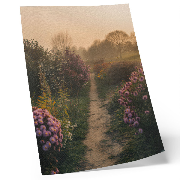 Hållbar väggposter Charmig trädgårdsstig blommor morgondimma