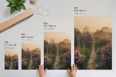 Hållbar väggposter Charmig trädgårdsstig blommor morgondimma