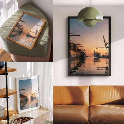 Poster Hamnlandskap med containerfartyg och kranar