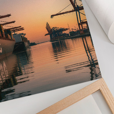 Poster Hamnlandskap med containerfartyg och kranar