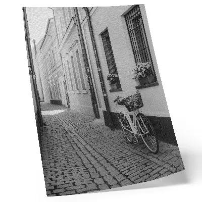 Poster svartvitt motiv av gata med hyreshus, blommor och cykel