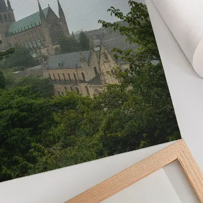 Väggaffisch gotisk katedral bland gröna träd