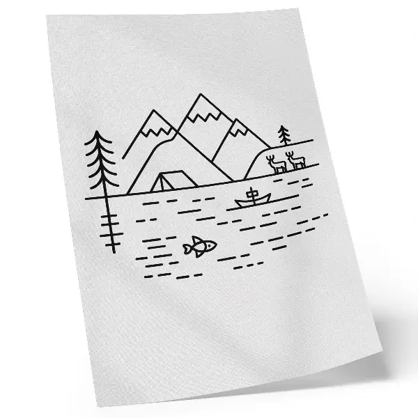 Affisch minimalistisk linjekonst av berg, sjö och djur