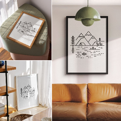 Affisch Minimalistisk linje berg sjö djur