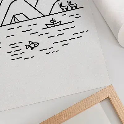 Affisch minimalistisk linjekonst av berg, sjö och djur