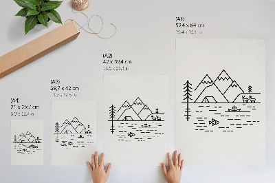 Affisch Minimalistisk linje berg sjö djur