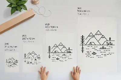 Affisch minimalistisk linjekonst av berg, sjö och djur