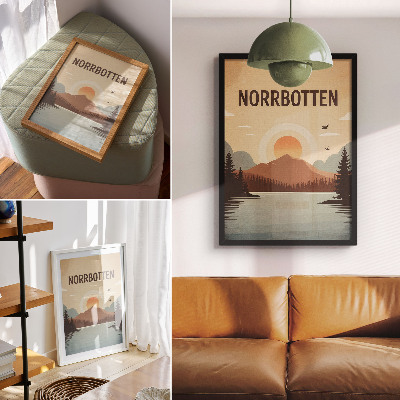 Hållbar väggposter landskap sjö berg solnedgång träd turkos beige