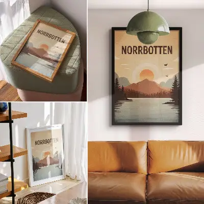 Hållbar väggposter med motiv av landskap med sjö berg solnedgång och träd i turkos och beige