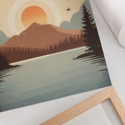 Hållbar väggposter landskap sjö berg solnedgång träd turkos beige