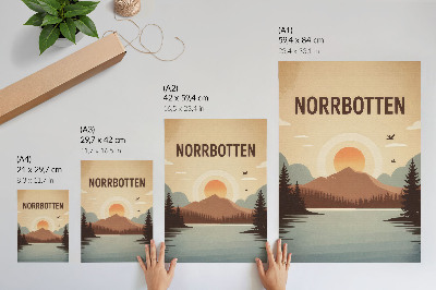 Hållbar väggposter landskap sjö berg solnedgång träd turkos beige