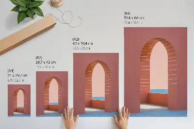Affisch minimalistisk arkitektur med pastellfärgade bågar vid havet