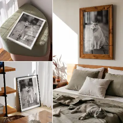 Poster bedårande katt på en kullerstensgata i svartvitt