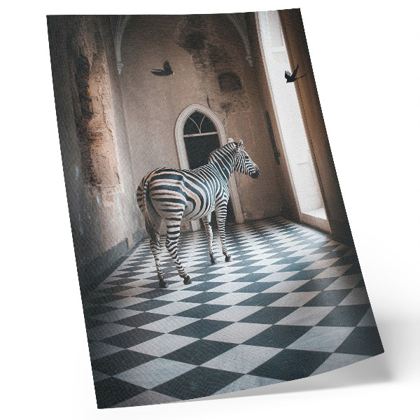 Poster Zebra mot bakgrund av arkitektur med fåglar i flykt