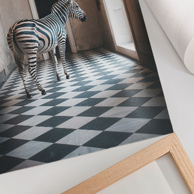 Poster Zebra mot bakgrund av arkitektur med fåglar i flykt
