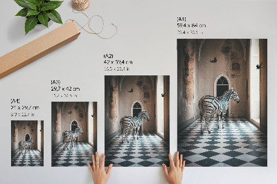 Poster Zebra mot bakgrund av arkitektur med fåglar i flykt