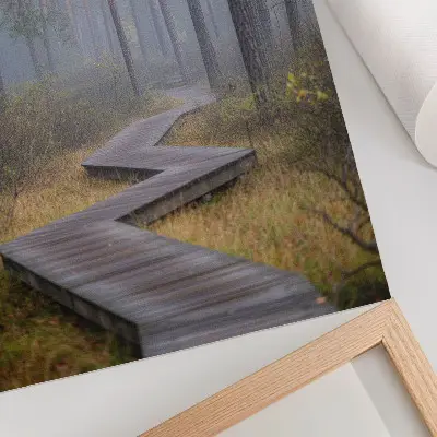 Hållbar väggposter en trästig genom dimmig skog