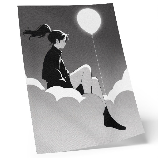 Poster En figur på ett moln med en ballong i minimalistisk stil